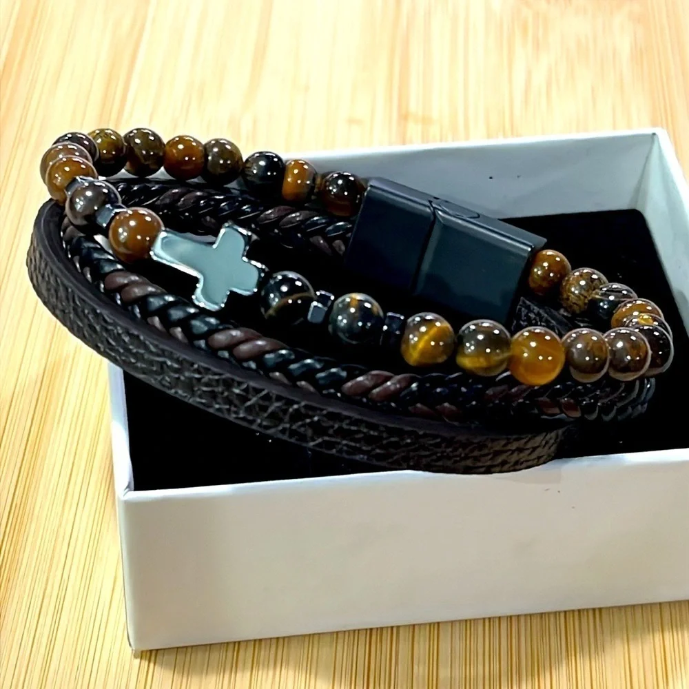 Brand New Men's Beaded Braided Leather Metal Cross Bracelet Magnetic Clasp